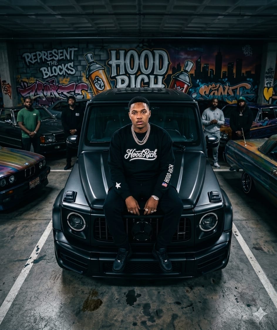 Man sitting on a black car in a garage with graffiti walls